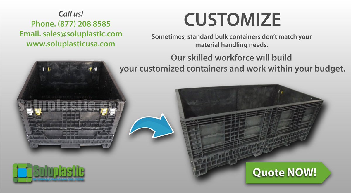 SoluplasticUsa's tweet image. We are pioneers in the modification of plastic containers!
Customize your Collapsible Bulk Containers!

Phone. (877) 208 8585
Email. sales@soluplastic.com
soluplasticusa.com

#CollapsibleContainers #Packaging #Reusable #Logistics #Inventory #MondayMotivaton