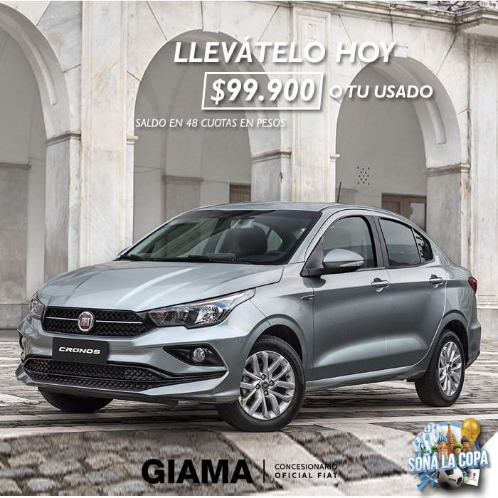 FiatGiama's tweet photo. Llevate hoy mismo el nuevo Fiat CRONOS por sólo $99.900.- o tu usado ✔️Saldo en 48 cuotas ✔️Plan Canje
Consultá por cuotas a TASA 0% ¡No te pierdas esta oportunidad! Dejanos un número de contacto para más info 📞 Giama Fiat #SoñálaCopa 🏆⚽ https://t.co/8r7sf8z7SE