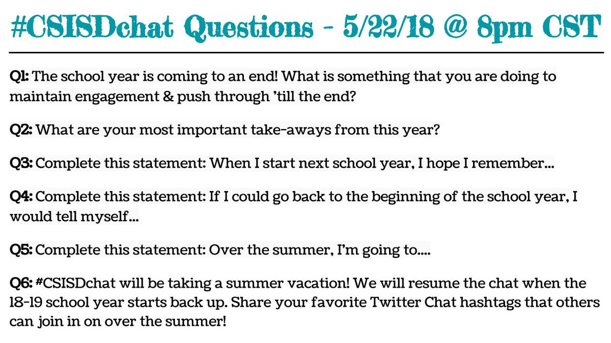 stephanieryon's tweet image. Join us for #CSISD chat tomorrow at 8pm CST! Topic: End of the Year Reflection