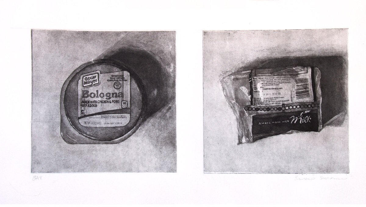 In this piece Edward Steffanni elevates the everyday childhood symbol of Bologna and Cheese as an icon.“Diptych of Bologna and Cheese” 2017