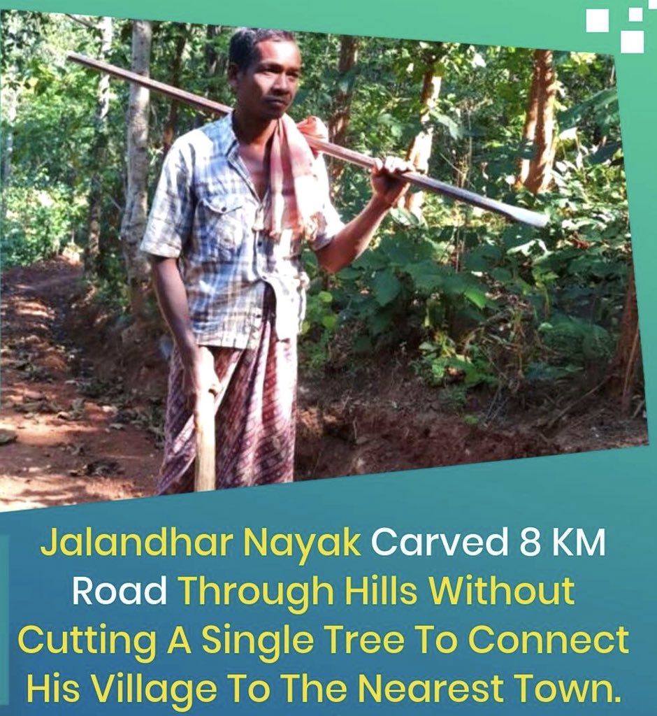 VVSLaxman281's tweet photo. Jalandhar Nayak has carved a 8 KM road without any help from the local govt officials.
After knowing about Jalandhar Nayak's work the district collector ordered the Block Development Officer to complete the road with the help of local resources. Salute his exemplary effort ! https://t.co/IYernSv4oO