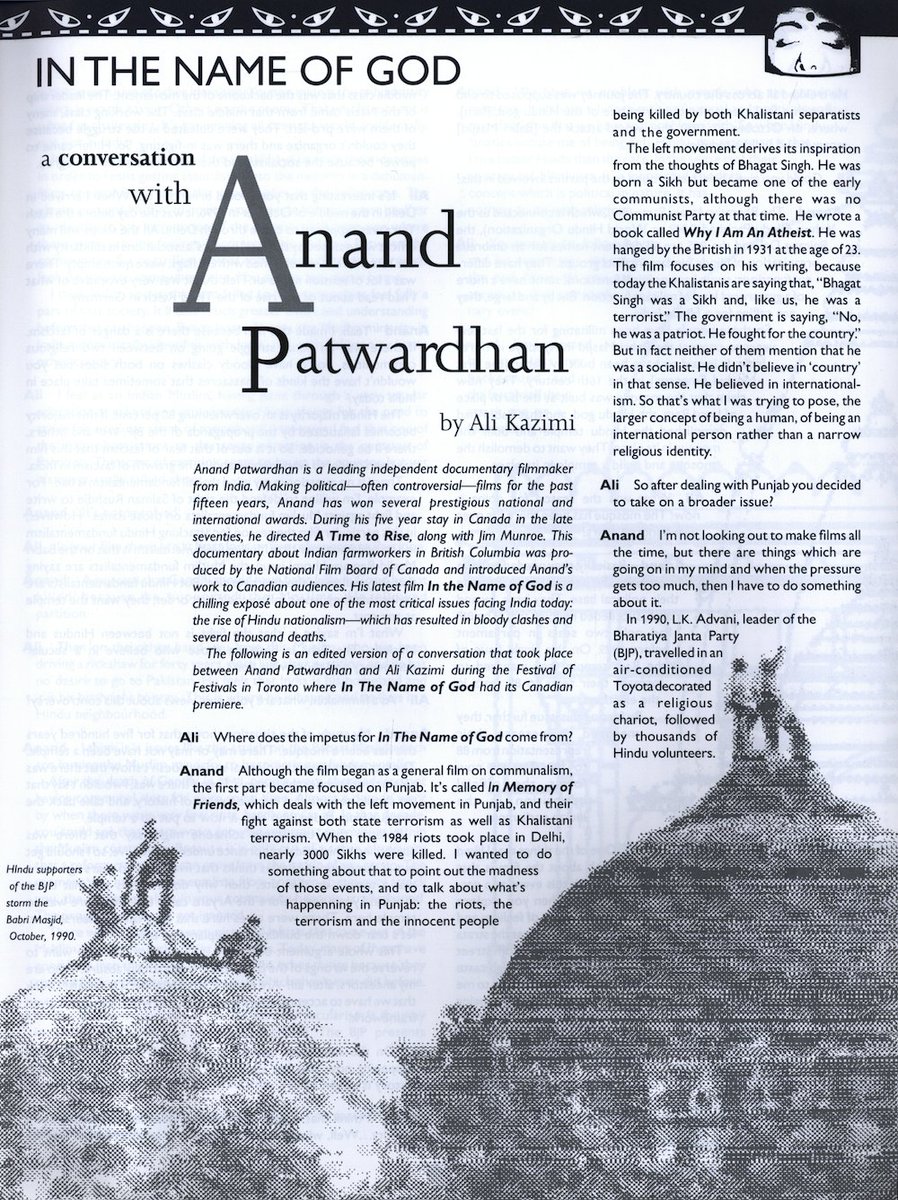RunghCulture's tweet photo. Ali Kazimi discusses Anand Patwardhan’s film in ‘In the Name of God’. Read the rest in our film and video issue, now in the #NewRunghArchive:
https://t.co/5B2bkBKMrj
#Rungh #AnandPatwardhan #AliKazimi #Art #Archive #Culture #film #CanadianMagazine #RunghMeansColour https://t.co/PIlbVjgHep