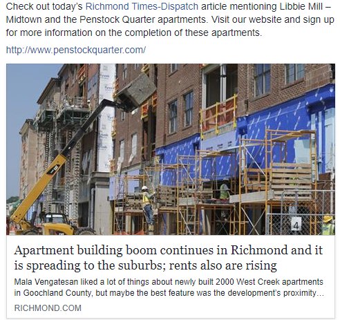 LibbieMillRVA's tweet photo. Check out today’s @RTDNEWS article mentioning Libbie Mill – Midtown & Penstock Quarter apartments. Visit our website and sign up for more information on the completion of these apartments. https://t.co/vIvDzGy6gK
https://t.co/qMj27Ia04k #RVA #Henrico #LibbieMill #PenstockQuarter https://t.co/E30DIdYNgg