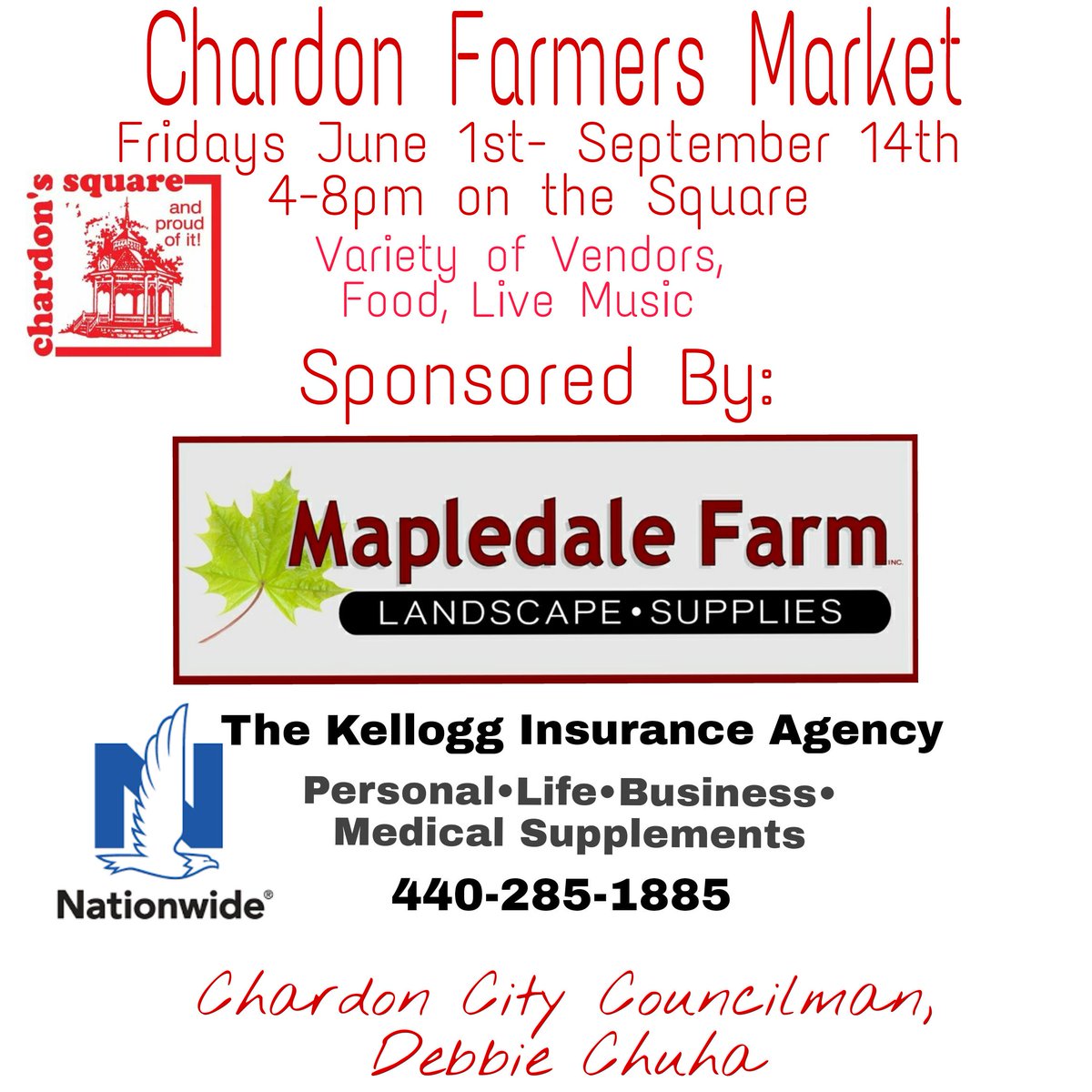 chardon_square's tweet image. Our summer farmers market opens next Friday, June 1st at 4:00 pm on the square. No Moss will be playing live in the gazebo. A big thank-you to our market sponsors: Mapledale Farm &amp;amp; Landscaping, The Kellogg Nationwide Insurance Agency, and Deborah Chuha, Chardon City Councilman!