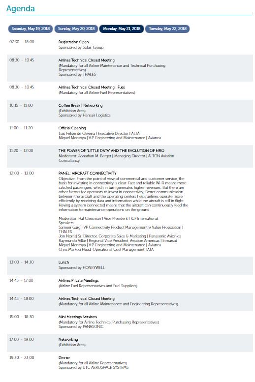 Ocean Air Inc. (@oceanairinc) on Twitter photo Day 3 of the ALTA CCMA MRO CONFERENCE is in full swing! Will <a href="/OceanAirInc/">Ocean Air Inc.</a> and <a href="/OAD_LLC/">Ocean Air Defense, LLC</a> see you there? Click below to see today's agenda! -Monday, May 21st 2018 Day 3 of the ALTA CCMA MRO CONFERENCE is in full swing! Will <a href="/OceanAirInc/">Ocean Air Inc.</a> and <a href="/OAD_LLC/">Ocean Air Defense, LLC</a> see you there? Click below to see today's agenda! -Monday, May 21st 2018