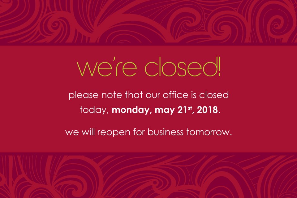 RDiEventDecor's tweet photo. NOTICE: Our office is closed today for the bank holiday! We hope you have a great day. https://t.co/qQymCe5kMq