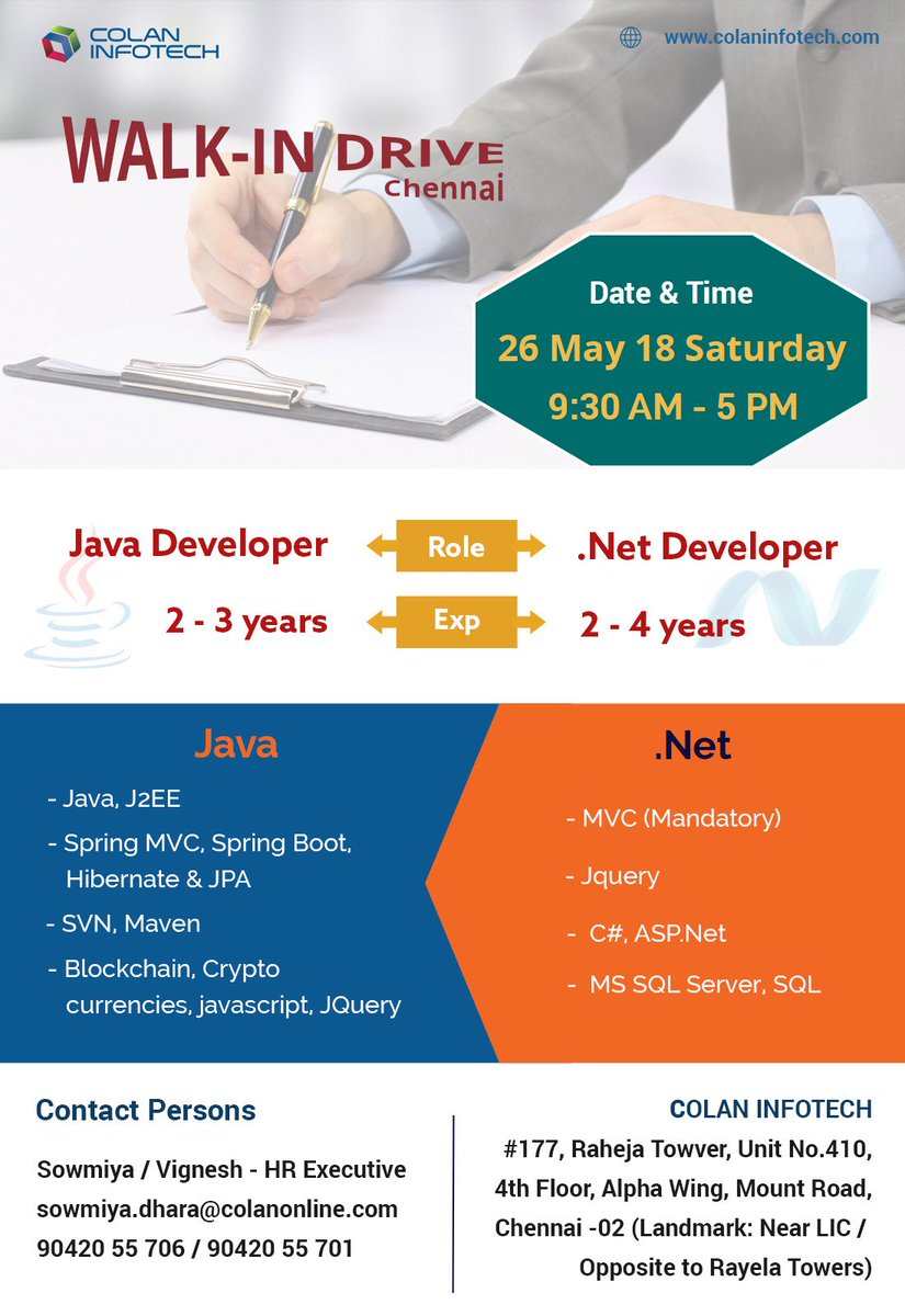 colan_infotch's tweet photo. IMMEDIATE #JOB_OPENINGS in #Chennai @colan_infotch on #26thMay2018 #Java #Dotnet #saturdaywalkin PH: 9042055701/ 9042055706
@chennaiwalkins https://t.co/OHhfsivAEk