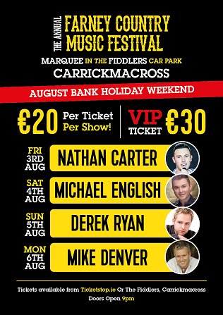 Tickets go on sale at 9am Thursday 24th May at ticketstop.ie August Bank Hol Weekend sorted! <a href="/iamNATHANCARTER/">nathan carter</a> <a href="/derekryanmusic/">Derek Ryan</a> <a href="/MikedenverMike/">Mike Denver Music</a>