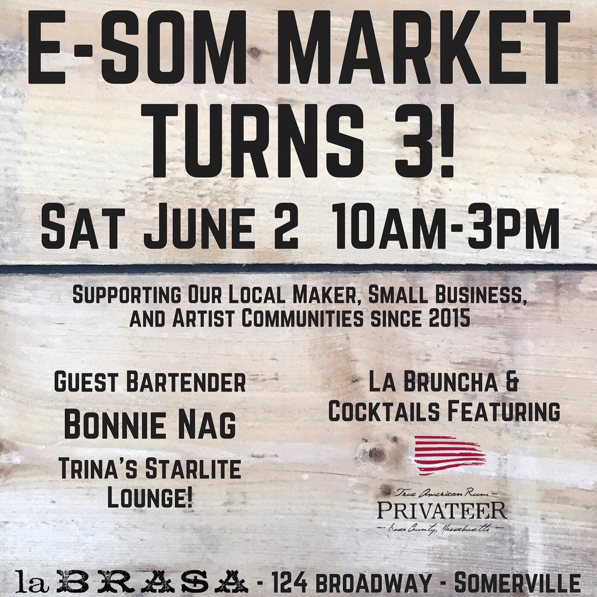 Hey, everyone, #ESomMarket is turning 3! Guest bartender Bonnie Nag from <a href="/trinastarlite/">TrinaStarlite Lounge</a> will be on the bar shaking up the <a href="/privateerrum/">Privateer Rum</a> cocktails to help us celebrate! Check out our lineup for June 2 then come #eatbrunchbuystuff! 
facebook.com/events/7788441…