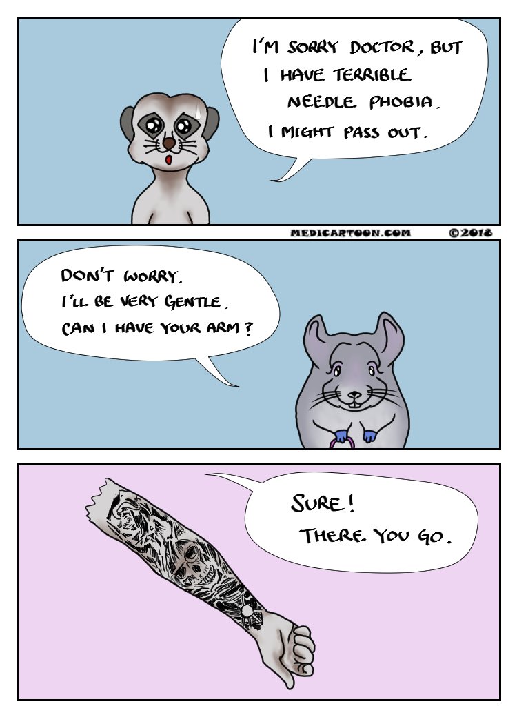Medicartoon's tweet photo. It's always the case, the most severe case of #needlephobia is from heavy #tattoo person 😲

https://t.co/oMCg8SDJHA

#tattoos #doctor #juniordoctors #nurse #nurselife #phlebotomy #nursing #nursingschool #medicalstudent #physicianassistant #physicianassociate #odp https://t.co/ZOhyuXqW76