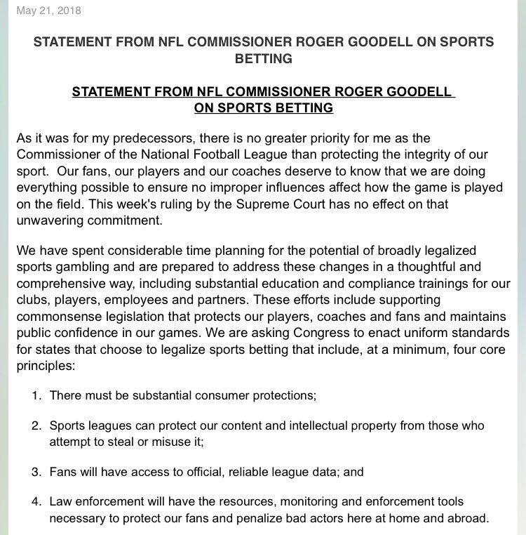 NFL Commissioner Roger Goodell releases a statement on gambling: “Our fans, our players and our coaches deserve to know that we are doing everything possible to ensure no improper influences affect how the game is played on the field.”