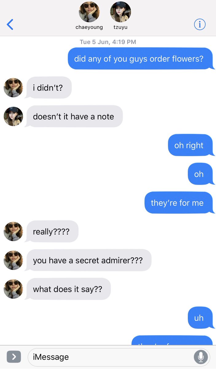 “Thank you,” Sana said with a genuine smile. “I would understand if you’re uncomfortable with the attention, I can leave you alone-““Don’t worry, I don’t mind. I like being around you.”“I like being around you too,” Sana whispered out. “Recommend me some good food from here?”