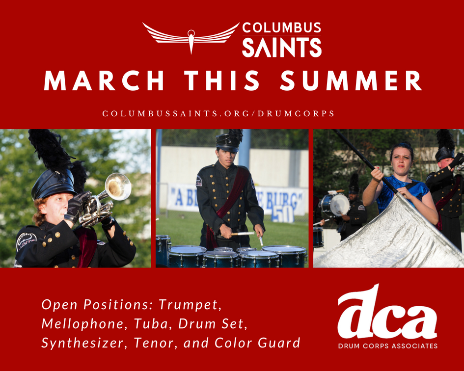 Sitlbi_ovtickal's tweet photo. We're searching for more members for our 2018 @DCACorps season! 3 Trumpet, 2 Mello, 2 Tuba, Synthesizer, Drum Set, Tenors, and All Guard! https://t.co/1y7hEj8Tp1 #drumcorps #dci2018 #dca2018 #macbda18 #columbusohio #wgi2018 #marchingband #trumpet #drumset #colorguard #piano https://t.co/8YpfueyKYB