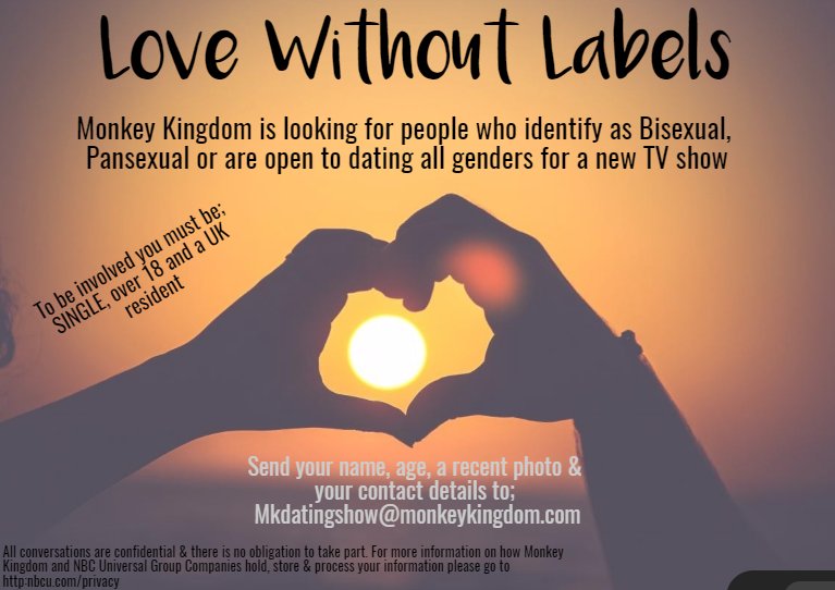 Are you #bisexual #pansexual #bicurious or #fluid ? We are looking for people who are open to dating all genders for an exciting new dating show set abroad. Please retweet and share!

#love #lovewithoutlabels #dating #tv #telly #casting #bipride #lgbtq #LGBTPROUD #singlequeers