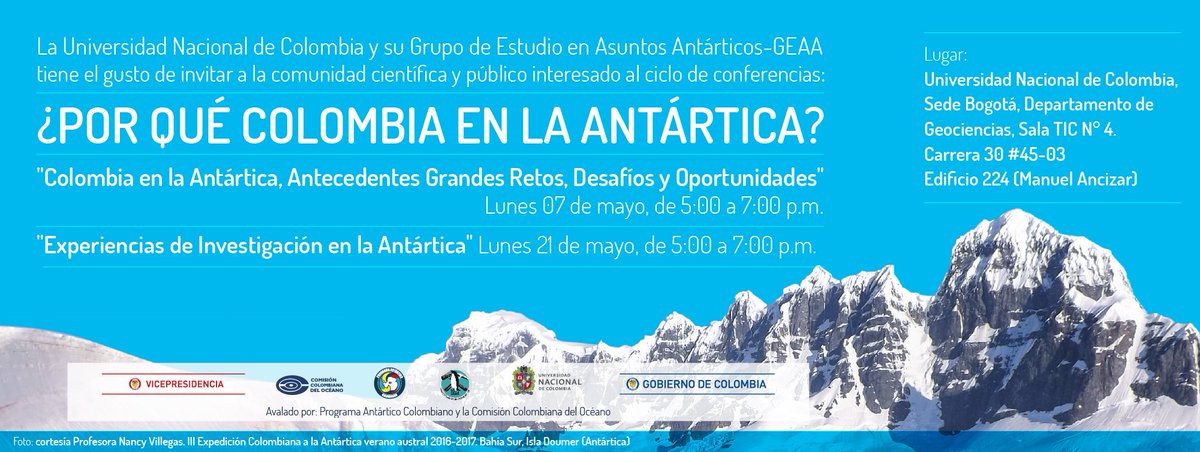 Hoy 21 de mayo La Universidad Nacional de Colombia @UNColombia y su Grupo de Estudio en Asuntos Antárticos invita a la comunidad científica y público interesado al ciclo de conferencias ¿POR QUÉ COLOMBIA EN LA ANTÁRTICÁ?Avalado por: El Programa Antártico Colombiano <a href="/AntartidaCol/">AntartidaCol</a>