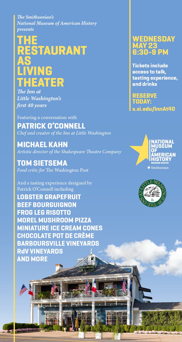 Valeska M Hilbig (@nmahhilbigv) on Twitter photo Yes, you can get a taste of <a href="/InnatLittleWash/">Inn at Little Wash</a>! Join ChefPatrick O'Connell, Michael Kahn of <a href="/ShakespeareinDC/">Shakespeare Theatre Company</a>, WaPos Tom Sietsema, & #SmithsonianFood present a delectable #foodhistory nite at <a href="/amhistorymuseum/">National Museum of American History</a> May 23. Tix: s.si.edu/InnAt40 ("InnVIP" for 15% off) Yes, you can get a taste of <a href="/InnatLittleWash/">Inn at Little Wash</a>! Join ChefPatrick O'Connell, Michael Kahn of <a href="/ShakespeareinDC/">Shakespeare Theatre Company</a>, WaPos Tom Sietsema, & #SmithsonianFood present a delectable #foodhistory nite at <a href="/amhistorymuseum/">National Museum of American History</a> May 23. Tix: s.si.edu/InnAt40 ("InnVIP" for 15% off)