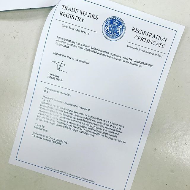 Exciting times! Our trademark for #bop is through!! 😃 Now to finish building the prototype 💻 #babysteps #musicplayer #streaming #startup