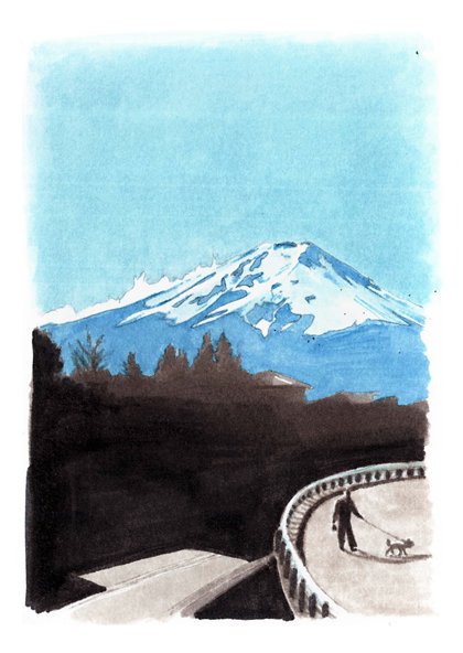Monday, here we are! It's our weekly #goolovesjapan appointment. 2009 - view of Fujisan from the train #illustration #drawing #japan #souvenir #atmosphere #japanlover #fujisan #fuji #mountfuji #train #walkingdog #dog #road #silhouette #shadow #promarker #handmade #blue #bluesky