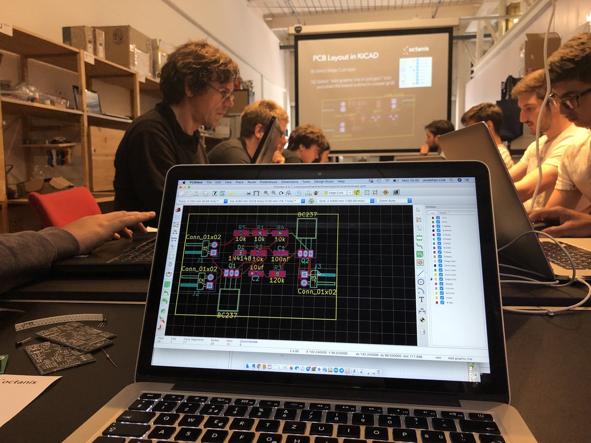 jonathanlink's tweet photo. Learning how to design PCB with KiCad #Octanis #meetup https://t.co/MQhqIdIW3a