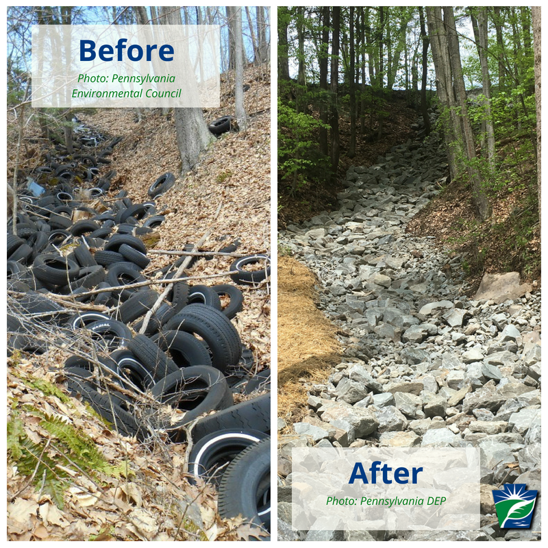 All cleaned up with a fresh batch of rocks! Volunteers from DEP Northeast Regional Office, Friends of Starucca Creek, and <a href="/PECPA/">Pennsylvania Environmental Council</a> teamed up to remove more than 1,500 tires to get this sloped ravine in Lanesboro back to its natural beauty!