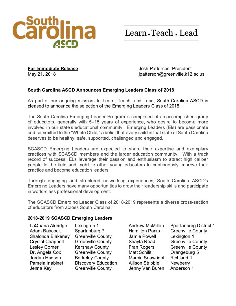 SC_ATLL's tweet image. South Carolina ASCD Announces Emerging Leaders Class of 2018
As part of our ongoing mission- to Learn, Teach, and Lead, South Carolina ASCD is pleased to announce the selection of the Emerging Leaders Class of 2018.