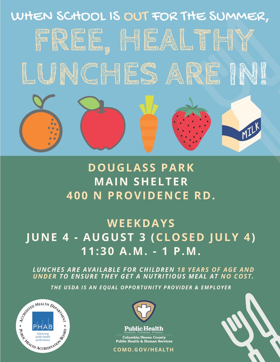 CoMo_HealthDept's tweet photo. Parents, school is almost out for the summer! Don't forget, starting June 4 we will offer FREE, healthy lunches, for children 18 years of age and under, at Douglass Park! 
✅Monday-Friday
✅June 4 to August 3, except July 4
✅11:30 a.m. - 1 p.m. 
More info below. Please share! https://t.co/hF2H7Lsm2a