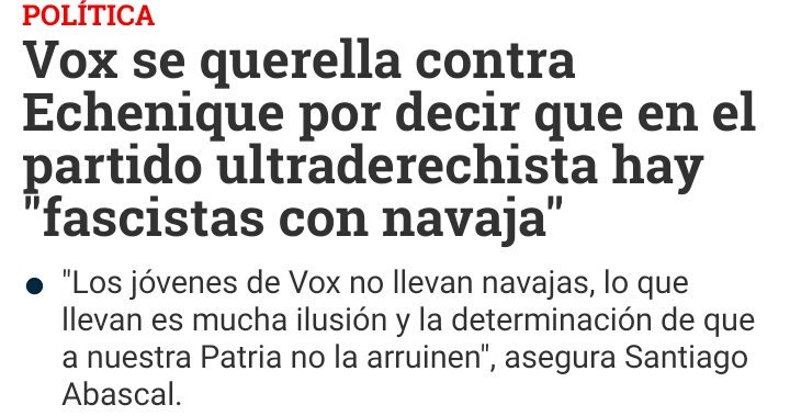 eljueves's tweet photo. Te dicen que en tu partido hay "fascistas con navaja" y, ofendido, respondes que "los jóvenes de Vox no llevan navajas". Ahá. https://t.co/BUm6fMIHKz