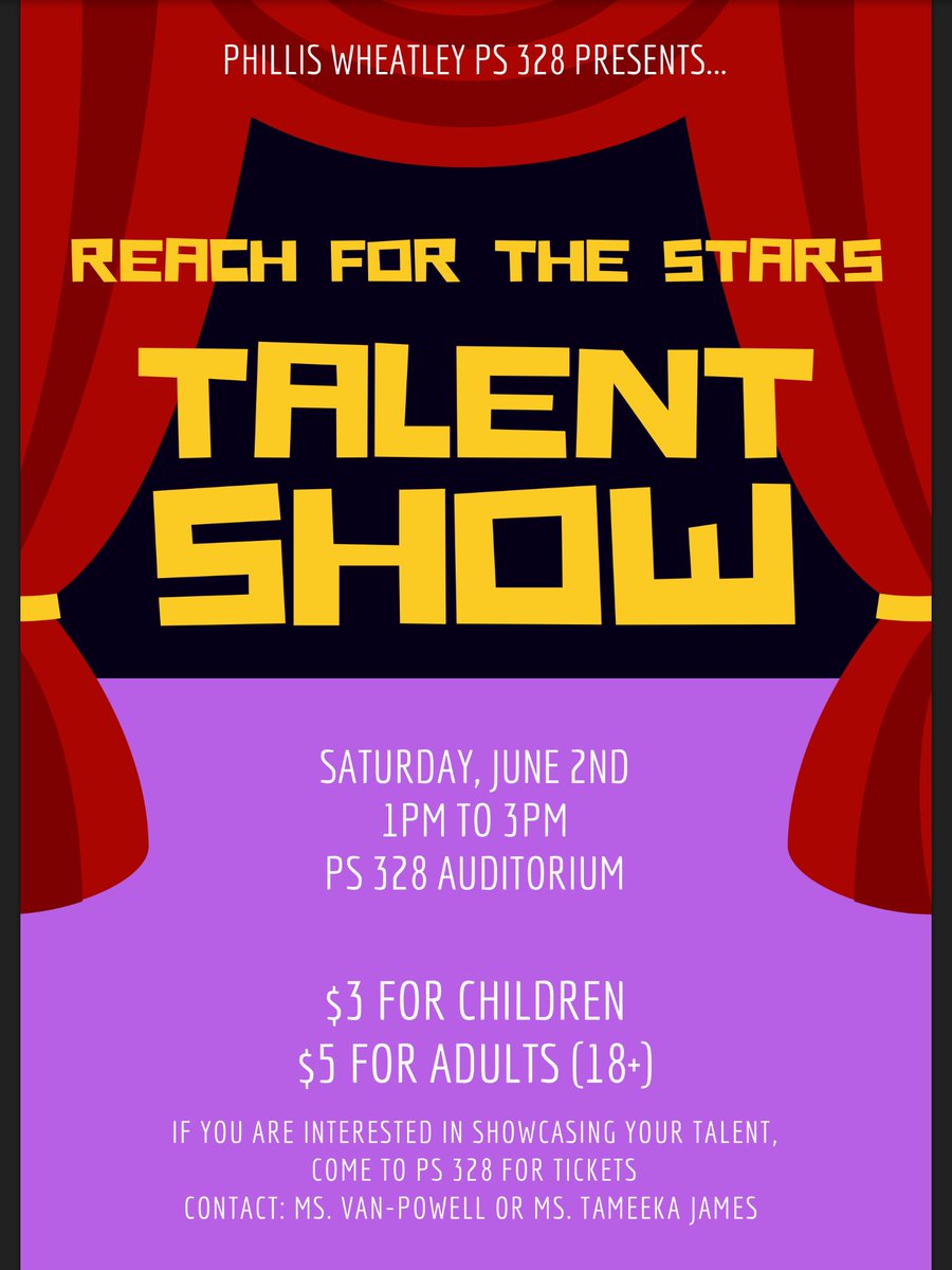 PWheatley_328's tweet photo. PS 328 HAS TALENT!!!!! Please come out and support our students and staff June 2,2018 at 1pm #IAM328 #Talent #TalentShow #NYCDOE #ScholarStudents https://t.co/3mGul1TQDJ