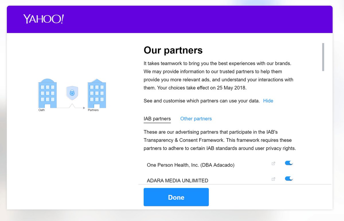 RichGreenhill's tweet photo. The Yahoo GDPR consent page links to several HUNDRED boxes to click to opt out of their advertising partners one by one 😭 #Oath https://t.co/tODepKr8a3