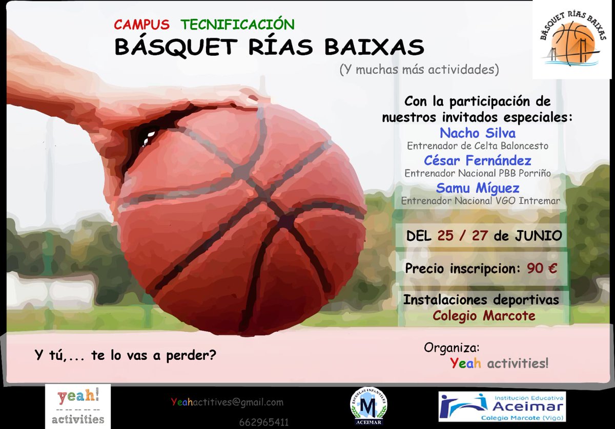 Ya te puedes inscribir en el 1er campus de tecnificación del <a href="/CBRiasBaixas/">Basquet Rias Baixas</a> -> "<a href="/CBaixas/">Campus tecnificación Básquet Rías Baixas</a>" con la colaboración de:
<a href="/Samudo_13/">Samuel Miguez</a> : entrenador de VGO Intremar
@Nacho_Silva88 : entrenado del <a href="/Celtabaloncesto/">CELTA BALONCESTO</a> 
César Fernández: entrenador del <a href="/PBBbaloncesto/">Porriño Baloncesto Base</a> 

Organiza: Yeah Activities