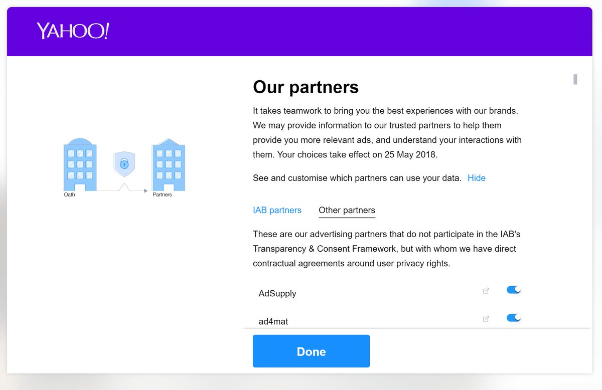 RichGreenhill's tweet photo. The Yahoo GDPR consent page links to several HUNDRED boxes to click to opt out of their advertising partners one by one 😭 #Oath https://t.co/tODepKr8a3