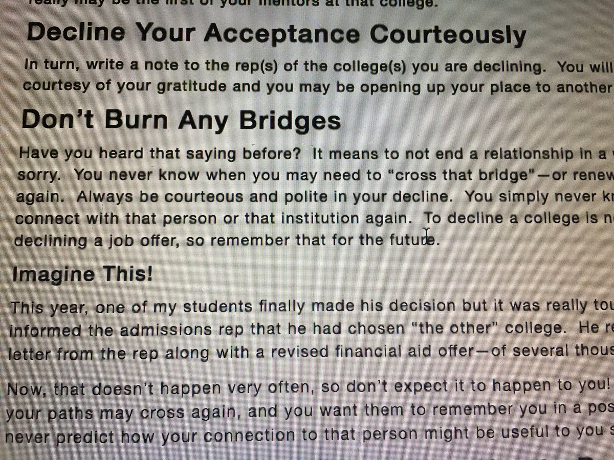 taylorp41700's tweet photo. I have heard that it’s “respectful” to contact colleges and let them know whether you plan to attend or not... Because I was having trouble coming up with a good email to write, I decided to go to google for help! I just found this in the article!! @ChesserPink https://t.co/LKYX3OE84R