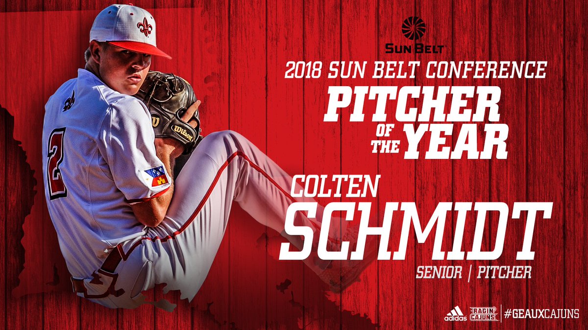 RaginCajunsBSB's tweet image. Presenting the 2018 @SunBelt Baseball Pitcher of the Year. 🏆

Senior Colten Schmidt!

#SunBeltBSB ⚾️
#GeauxCajuns ⚜