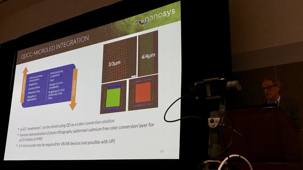 NanosysInc's tweet image. Nanosys update on our Cadmium Free Quantum Dots on MicroLED/OLED showing progress with our MicroLED device partners on patterning precision (down to 3 micron subpixels) #DisplayWeek18