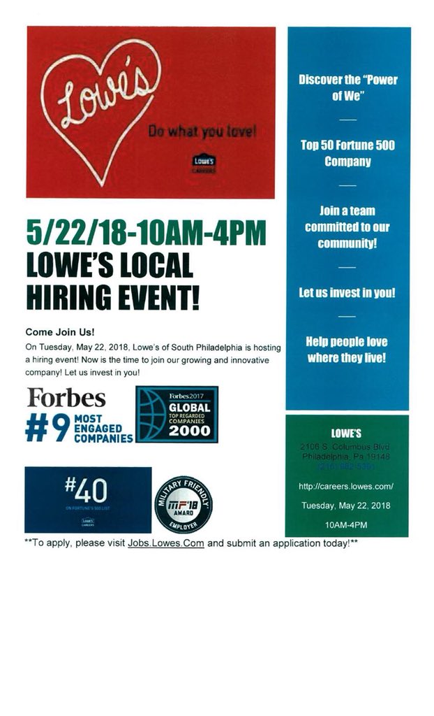 _AboveeAveragee's tweet image. Please join your South Philadelphia Lowe’s. We are holding a Hiring Event at our store and will be having On-The-Spot interviews! Share the news with friends and family! We look forward to meeting you! @LowesCareers @Lowes #lovewhereyouwork
