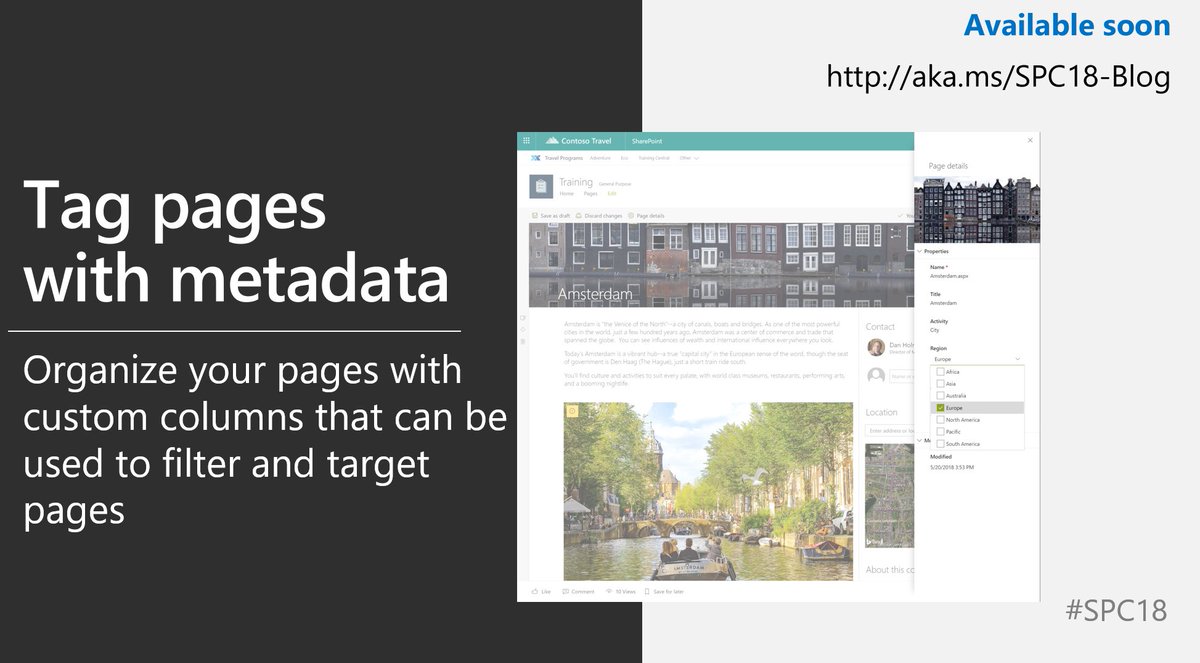 M365CONF's tweet photo. [Coming soon] Tag pages 
with metadata in #SharePoint. #SCP18 https://t.co/zDUeqfGId6 https://t.co/0hDyt8i394