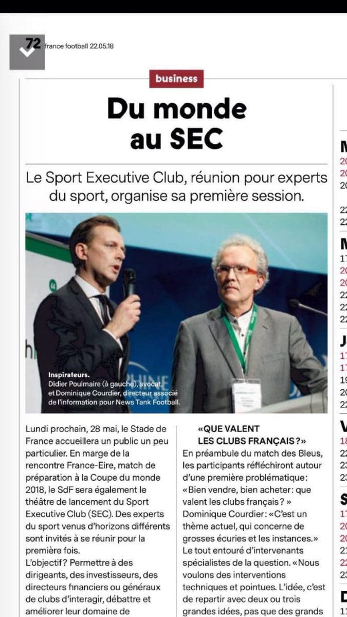 NewsTankFoot's tweet photo. Le Sport Executive Club est dans @francefootball de ce mardi 22 mai 2018.
Rendez vous pour la session 1 le lundi 28 mai au @StadeFrance avant France-Eire. https://t.co/ncnFHzntb5