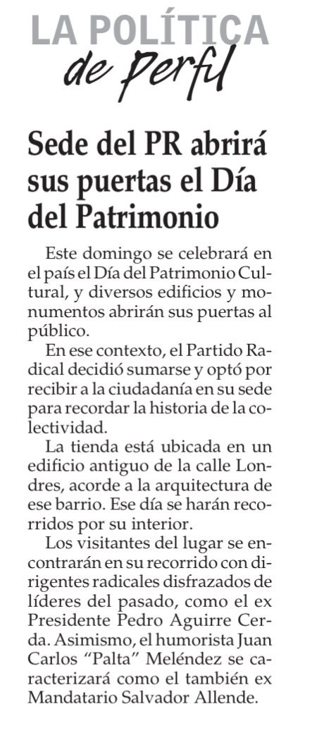 PRadicalcl's tweet photo. Con alegría comunicamos que seremos parte de la ruta oficial del #DiaDelPatrimonio la sede del PR abrirá sus puertas para todos quienes quieran conocerla en París con Londres. Más de algún expresidente de la república nos visitará ;) https://t.co/3JcnueKbnJ