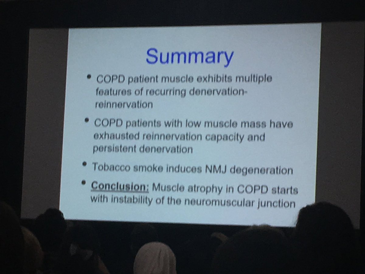 Is muscle wasting due to neuromuscular junction dysfunction or inflammatory mediated UPP upregulation. First speaker R Hepple on Evidence for recurring NMJ dysfunction in #copd #pulmrehab #ATS2018