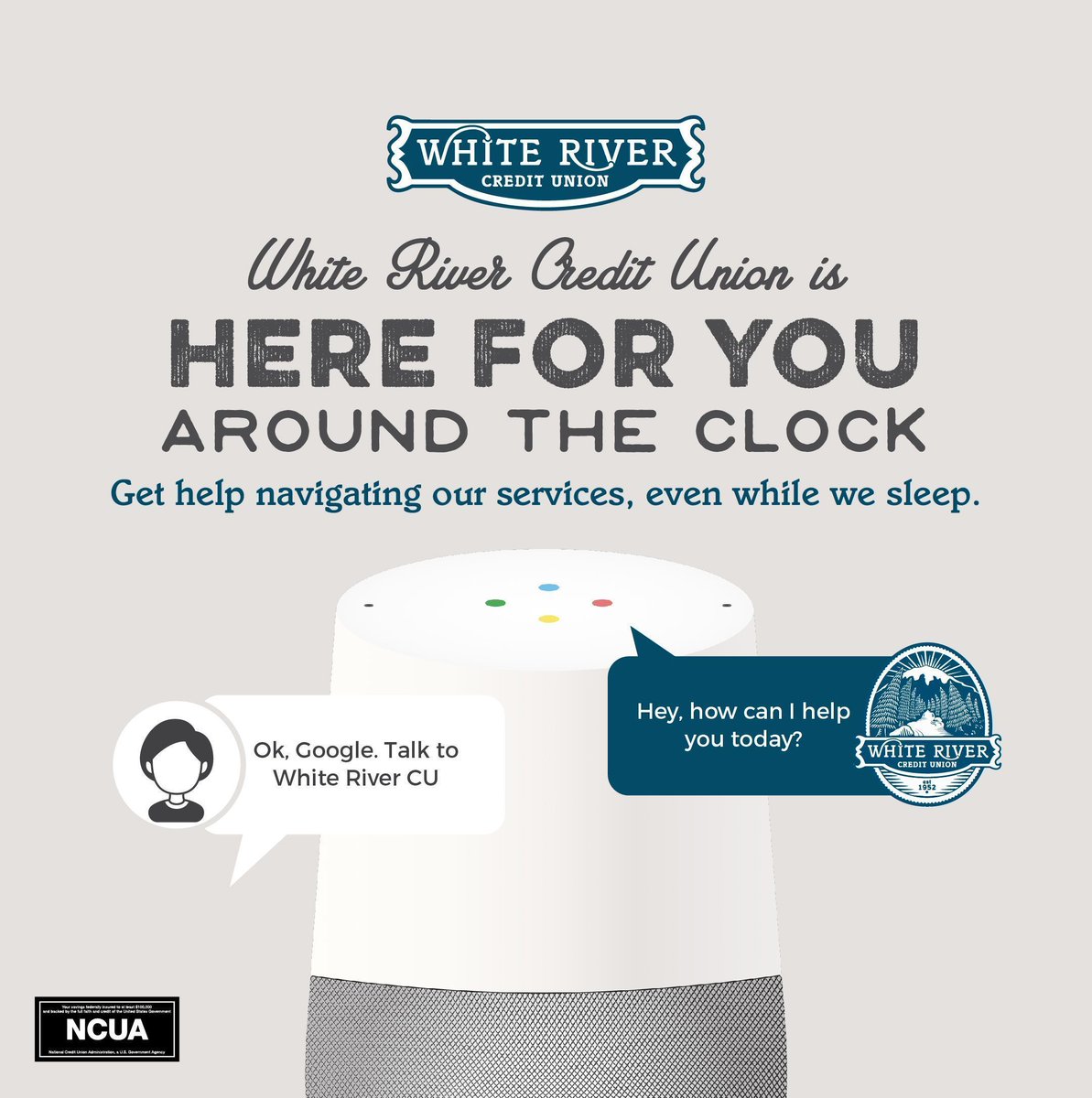 WhiteRiverCU's tweet photo. This is so fun! We can answer your questions 24/7 with our new chatbot. It's easy!. Learn how: https://t.co/LixicM0NV5 #helloalexa #okaygoogle https://t.co/C9oggtMzRJ