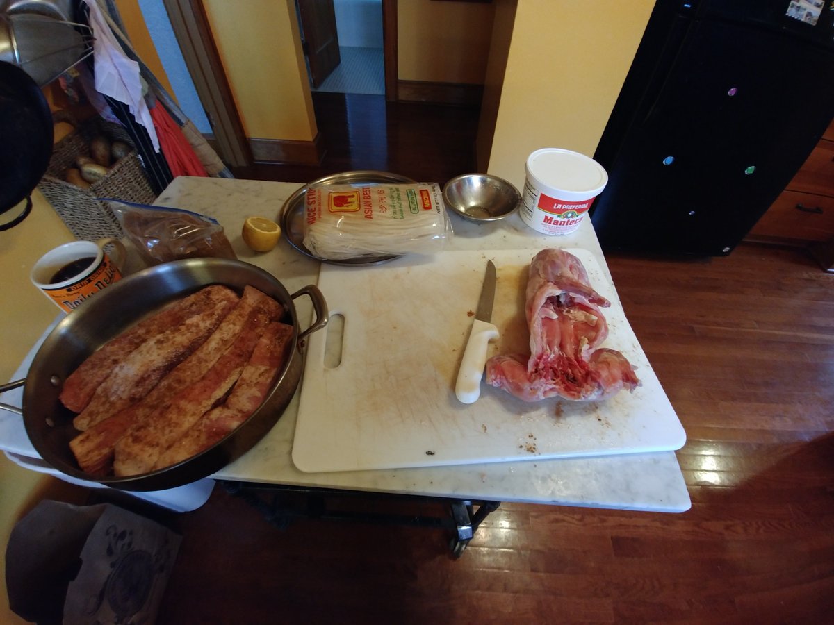 Only way I can manage not too read and think about theology when alone is to cook. Working on rabbit confit and braised pork belly. And starting stock which takes almost 24 hours for ramen. Trying get ahead for week