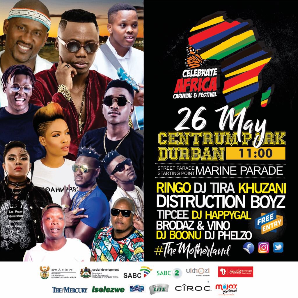 TokzPhungula's tweet photo. #TheMotherLand is here! With some of Africas biggest talents! 

Come through to the #CelebrateAfricaCarnival this Saturday! 

Catch @Indlamlenze7 @DJTira @Ringomadlingozi and many more! https://t.co/VCM1mImN3V