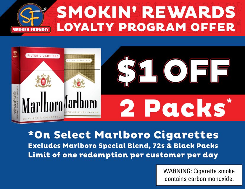 Get $1 OFF when you buy 2 packs of select #Marlboro cigarettes at  participating #SmokerFriendly stores! #smokinrewards #rewards #loyalty  #loyaltypoints #SmokerFriendlyInt #special #offers This offer can be  combined with other offers and