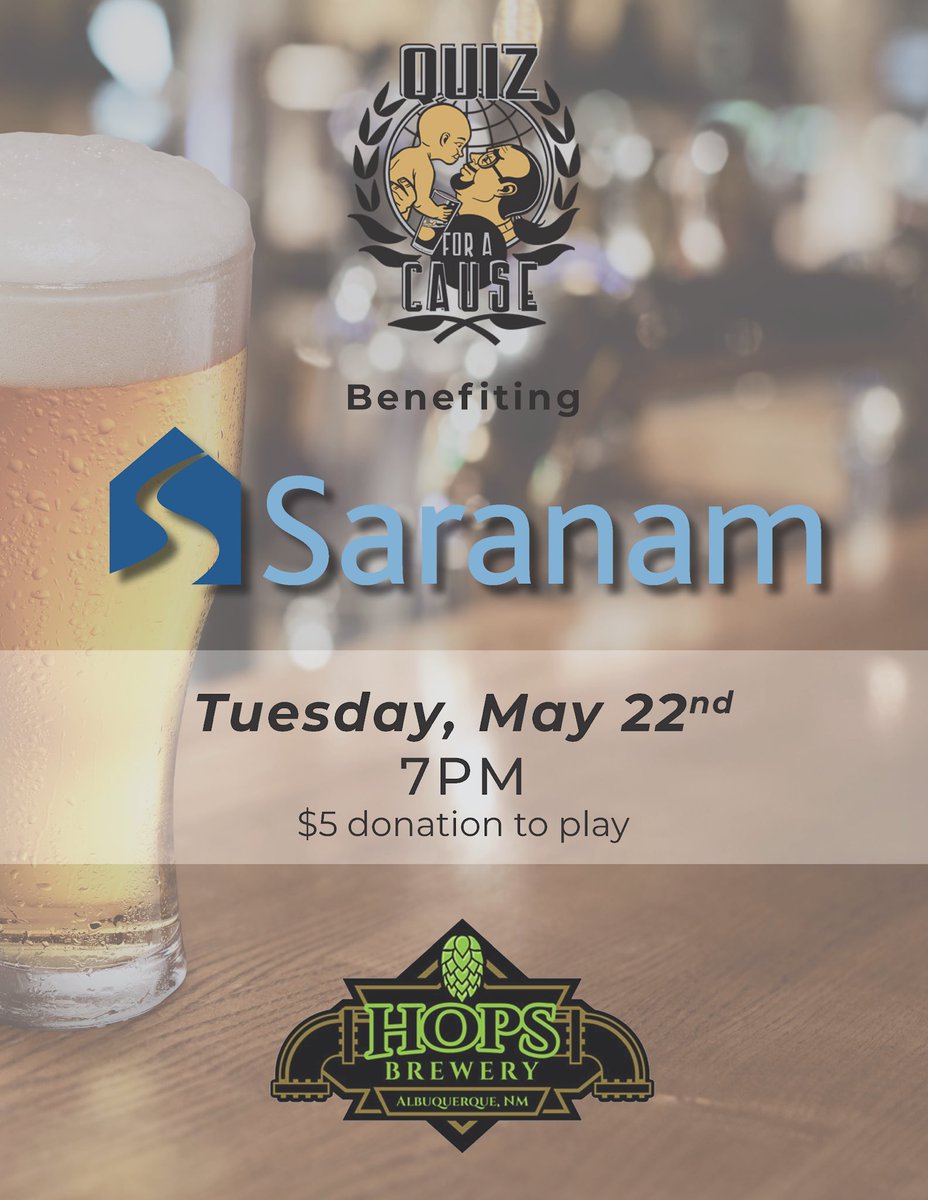 saranam_abq's tweet photo. #REMINDER: Our #QuizForACause is happening tomorrow night at @HopsBreweryAbq! Check out our Facebook for more info. #GeeksWhoDrink #Fundraising #GrowtheGood https://t.co/MWPXpfJwIc