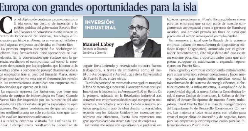 Manuel_Laboy_PE's tweet photo. Puerto Rico debe aprovechar las oportunidades de atracción de capital que ofrece el continente europeo. Tenemos empresas alemanas, españolas, inglesas e italianas en sectores como manufactura, aeroespacial, energía, infraestructura y finanzas/seguros establecidas en nuestra isla. https://t.co/WiCtZVJOWW