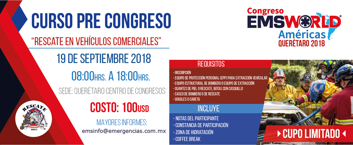 EMSWorld2's tweet photo. Aprovecha para inscribirte y no pierdas tu lugar en los cursos y talleres pre-congreso.
Regístrate en línea ahora: https://t.co/GDaokI394f
#EMSWorldAmericas #EMSQueretaro2018 #RescateEnVehículosComerciales #MedicinaDeEmergencias https://t.co/JLNyzUDV6U