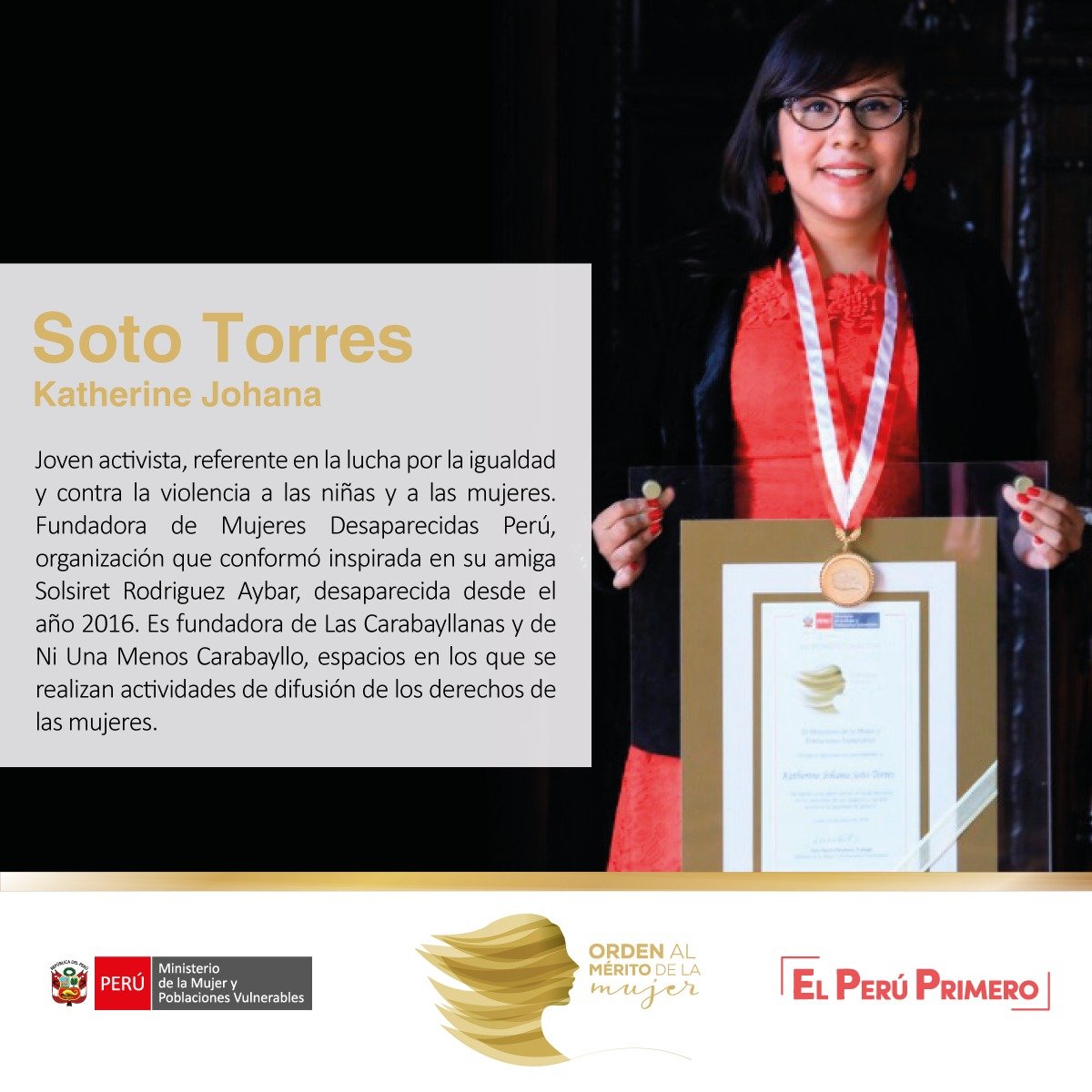 MimpPeru's tweet photo. Recibe Katherine Johana Soto Torres la Condecoración Orden al Mérito #Mujer2018 en mérito a su labor social en la promoción de los derechos de las mujeres y su real acceso a la igualdad de género. https://t.co/DZxRr3rEGd