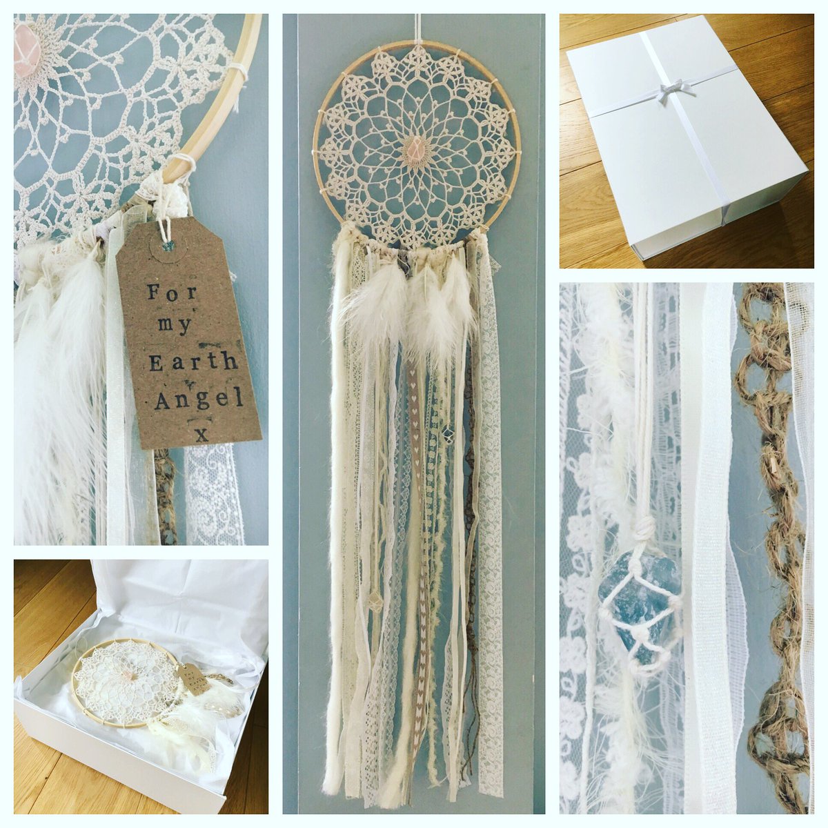 TheLittleEarth1's tweet photo. I have loved making this dreamcatcher..a mixture of crochet, lace, yarn, macrame, bamboo, crystals &amp; white feathers! Handmade to order with love; sent on its way in paper-based packaging x
#ecofriendly #plasticfree #loveearth #handmade #gifts #dreamcatcher #feathers #crystals 💙 https://t.co/4kJYgrLd9h