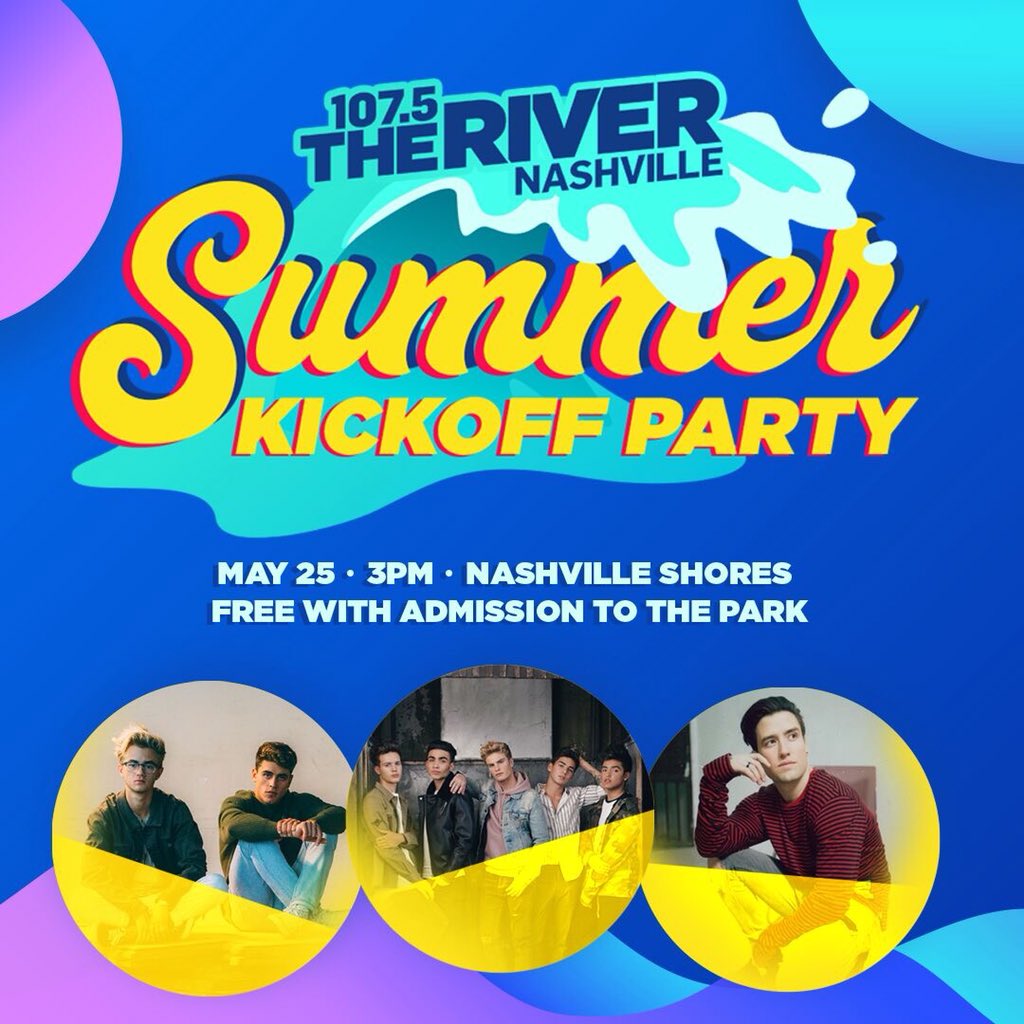 1075theriver's tweet photo. Haven't got your #RiverSummerKickoff tickets yet? @JackAndJack, @InRealLife + @1LoganHenderson will be at @NashvilleShores, will you? Get discounted tickets RIGHT NOW!

Details:
https://t.co/uZQNWQf9k8 https://t.co/ccqsNBksxk