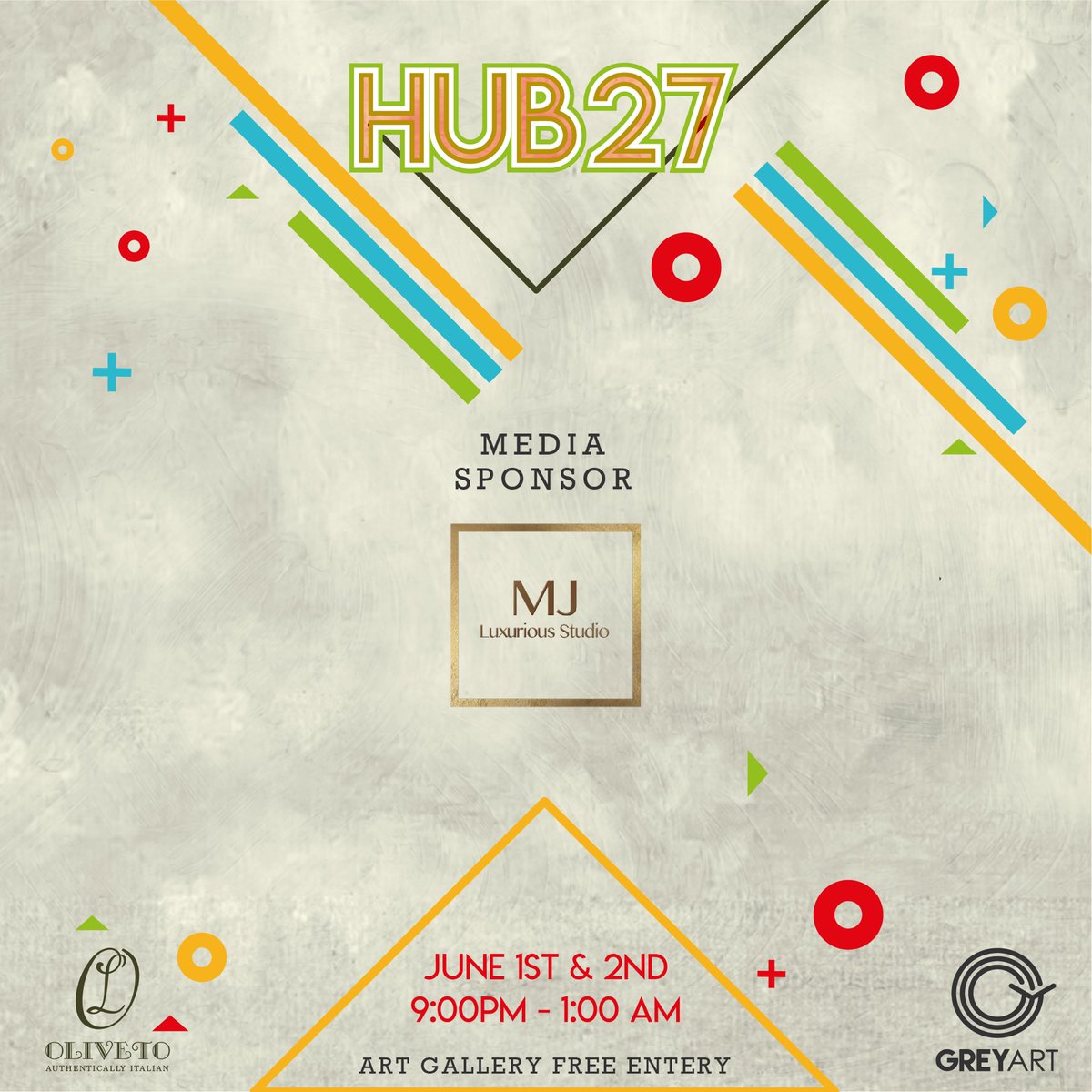 GreyArtEvents's tweet photo. Media Sponsor 
@luxur.studio_mj 
HUB 27
@olivetoalkhobar 
1-2 June 2018
9pm - 1am

#جراي_أرت 
#greyartevents https://t.co/NWbJB18KVE